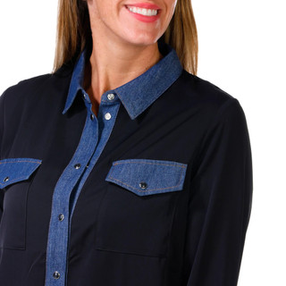 Thumbnail 2: Ellen Tracy Ellen Tracy Womens Long Sleeve Denim Trim Button Down Top 