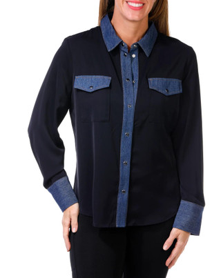 Thumbnail 1: Ellen Tracy Ellen Tracy Womens Long Sleeve Denim Trim Button Down Top 