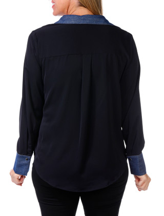 Thumbnail 3: Ellen Tracy Ellen Tracy Womens Long Sleeve Denim Trim Button Down Top 