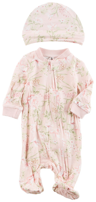 Thumbnail 1: Baby Essentials Baby Essentials Baby Girl 2 Pc Footed Sleeper & Hat Set 