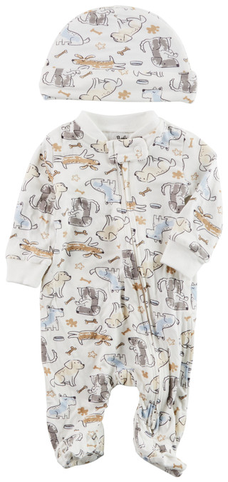 Thumbnail 1: Baby Essentials Baby Essentials Baby Boy 2 Pc Footed Sleeper & Hat Set 
