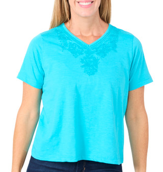 Thumbnail 1: CELESTIAL BLUE Celestial Blue Petite Short Sleeve Embroidered V Neck Top 