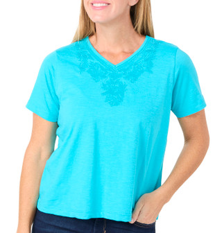 Thumbnail 3: CELESTIAL BLUE Celestial Blue Petite Short Sleeve Embroidered V Neck Top 