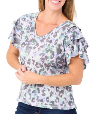 Thumbnail 2: Democracy Democracy Womens Tier Bell Sleeve V-Neck Abstract Print Top 