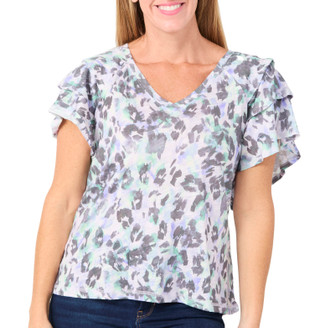 Thumbnail 1: Democracy Democracy Womens Tier Bell Sleeve V-Neck Abstract Print Top 