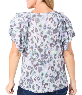 Thumbnail 3: Democracy Democracy Womens Tier Bell Sleeve V-Neck Abstract Print Top 