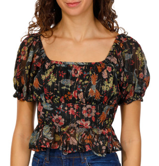 Thumbnail 1: Angie Angie Juniors Puff Short Sleeve Square Neck Floral Crop Top 