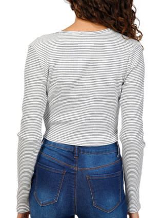 Thumbnail 2: BOZZOLO Bozzolo Juniors Long Sleeve Ribbed Striped Henley Crop Top 