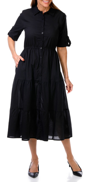 Thumbnail 1: Kaktus Kaktus Womens Short Sleeve Button Front Tiered Midi Dress 
