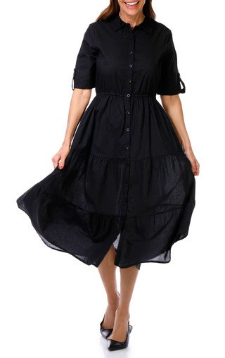 Thumbnail 2: Kaktus Kaktus Womens Short Sleeve Button Front Tiered Midi Dress 