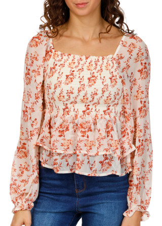 Thumbnail 1: SAY ANYTHING Say Anything Juniors Long Sleeve Smocked Floral Top 
