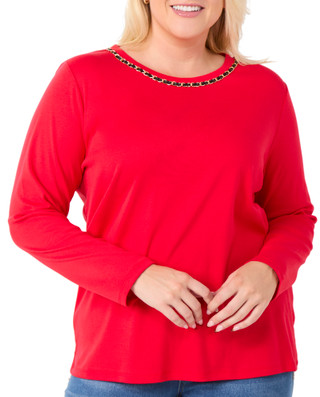 Thumbnail 1: Rafaella Rafaella Plus Long Sleeve Chain Neck Detail Top 