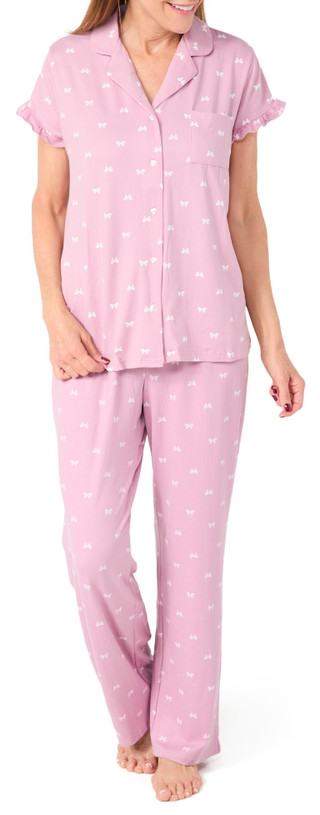 Thumbnail 1: Laura Ashley Laura Ashley Womens 2 Pc Pink Bows Print Ruffle Pajama Set 