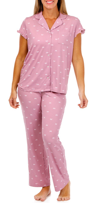 Thumbnail 2: Laura Ashley Laura Ashley Womens 2 Pc Pink Bows Print Ruffle Pajama Set 