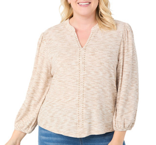 Thumbnail 1: Zac & Rachel Zac & Rachel Plus Long Sleeve Melange Ribbed Split Neck Top 