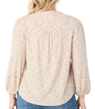 Thumbnail 2: Zac & Rachel Zac & Rachel Plus Long Sleeve Melange Ribbed Split Neck Top 