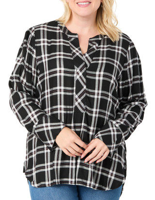 Thumbnail 1: Zac & Rachel Zac & Rachel Plus Long Sleeve Split Neck Plaid Flannel Top 