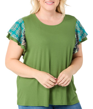 Thumbnail 1: RIO & RIAN Rio & Rian Plus Flutter Sleeve Ribbed Top 