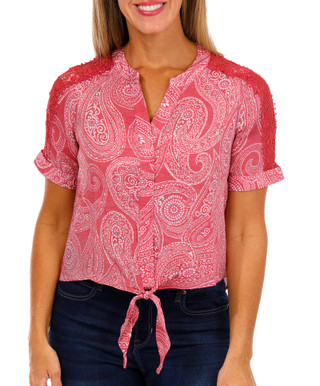 Thumbnail 1: ZAC AND RACHEL Zac & Rachel Petite Short Sleeve Paisley Tie Front Top 