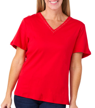 Thumbnail 1: Coral Bay Coral Bay Womens Solid V-Neck Embellished Neck Top 
