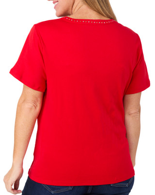 Thumbnail 2: Coral Bay Coral Bay Womens Solid V-Neck Embellished Neck Top 