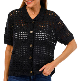 Thumbnail 1: Beach Lunch Lounge Beach Lunch Lounge Womens Short Sleeve Crochet Button Polo 