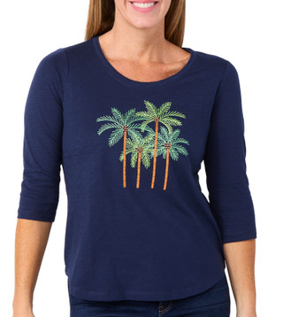 Thumbnail 1: Coral Bay Coral Bay Petite Embroidered Palm Double Band 3/4 Sleeve Top 