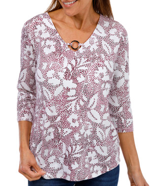 Thumbnail 1: Coral Bay Womens Spotted Floral Print 3/4 Sleeve Keyhole Neck Top 