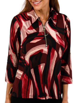 Thumbnail 1: Thomas & Olivia Thomas & Olivia Petite 3/4 Sleeve Print Ring Zip Top 