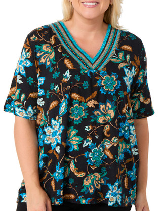 Thumbnail 1: STELLA + GINGER Stella + Ginger Plus Short Sleeve Split Neck Floral Top 