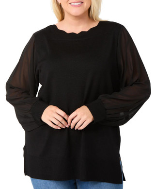 Thumbnail 1: Cable & Gauge Cable & Gauge Plus Long Sleeve Scalloped Neck Sweater 