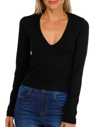 Thumbnail 1: FCT BASICS Jolie & Joy Juniors Solid Long Sleeve Rib V-Neck Crop Top 
