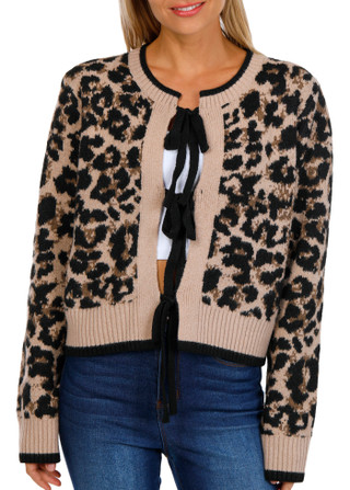 Thumbnail 1: Derek Heart Derek Heart Juniors Long Sleeve Tie Front Leopard Cardigan 