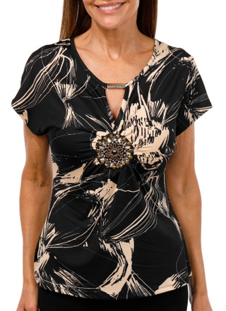 Thumbnail 1: STELLA + GINGER Stella + Ginger Petite Short Sleeve Gold Bar Rouched Top 