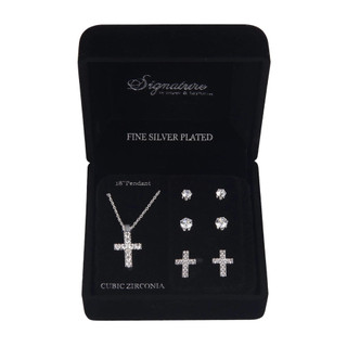 Thumbnail 1: Signature Signature Cross Pendant Necklace and 3 Pr Stud Earring Set 