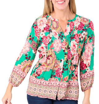 Thumbnail 1: Figueroa and Flower Figueroa & Flower Womens 3/4 Sleeve Floral Pleated Top 