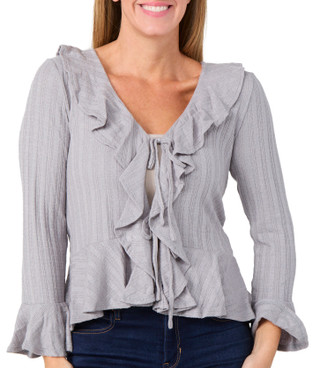 Thumbnail 1: Cupio Cupio Womens Long Bell Sleeve Tie Front Ruffle Cardigan 