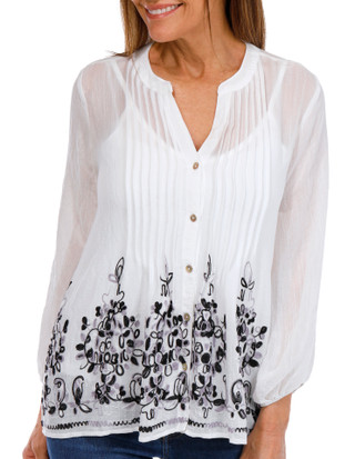 Thumbnail 1: FIGUEROA & FLOWER Figueroa & Flower Petite 3/4 Embroidered Floral Button Top 