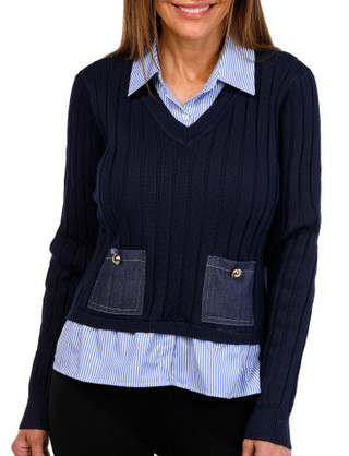 Thumbnail 1: Nanette Lepore Nanette Lepore Womens Long Sleeve Denim Pocket Twofer Top 
