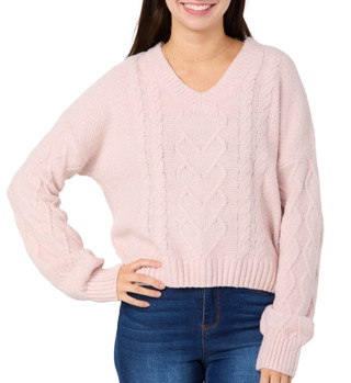 Thumbnail 1: Pink Rose Pink Rose Juniors V Neck Puff Sleeve Pullover Sweater 