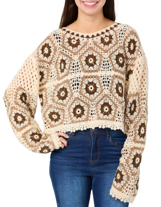 Thumbnail 1: REBELLION Rebellion Juniors Long Sleeve Knit Geo Crochet Top 