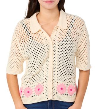 Thumbnail 1: REBELLION Rebellion Juniors Short Sleeve Crochet Button Down Crop Top 