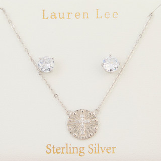 Thumbnail 1: Lauren Lee Lauren Lee Sterling Round CZ Boxed Earring and Necklace Set 