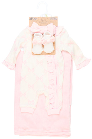 Thumbnail 1: Baby Essentials Baby Essentials Baby Girls 4 Pc Bows Coverall & Blanket Set 