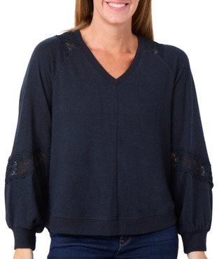 Thumbnail 1: Democracy Democracy Womens Long Sleeve V-Neck Sweater with Lace 