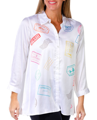 Thumbnail 1: Kaktus Kaktus Womens 3/4 Sleeve Satin Button Down Postcard Top 