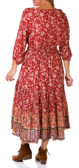 Thumbnail 2: Lola P Lola P Womens Long Sleeve Floral Print Tiered Midi Dress 