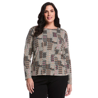 Thumbnail 1: Rafaella Rafaella Plus Long Sleeve Crew Neck Geomentric Top 