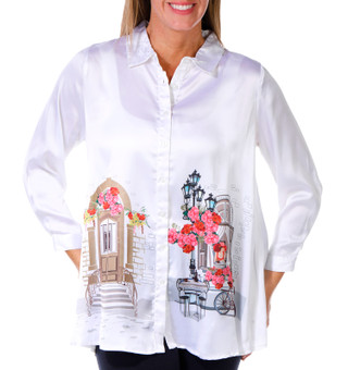Thumbnail 1: Kaktus Kaktus Petite 3/4 Sleeve Satin Button Down Cityscape Top 