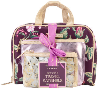 Thumbnail 1: Tahari Tahari 3 Pc Purple Floral Cosmetic Travel Bag Set 